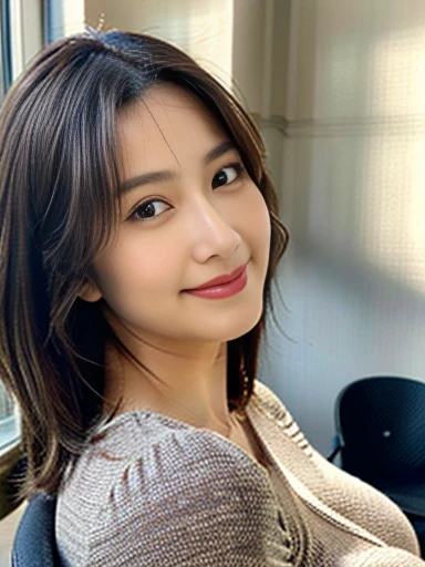 Highly detailed face and skin texture, fine grain, photorealistic rendering, subsurface scattering, high-resolution facial features, micro skin details, natural skin tones, soft shadows, and highlights.
A Japanese gravure idol with a soft, soothing facial expression, sitting on an office chair, facing the camera with a kind smile, and looking slightly to the right. (She possesses a voluptuous and thick curvy body:1.4), with a noticeable amount of fat distributed across her entire figure, giving her a sensual, erotic appearance. Her body is full and rounded, with a soft and fleshy texture that exudes a sense of physicality and presence.
She has double eyelids and an attractive, mature look, with brown medium-length hair. She is dressed in a tight brown skirt that hugs her plump hips and a brown tight T-shirt that accentuates the thickness and curves of her full figur