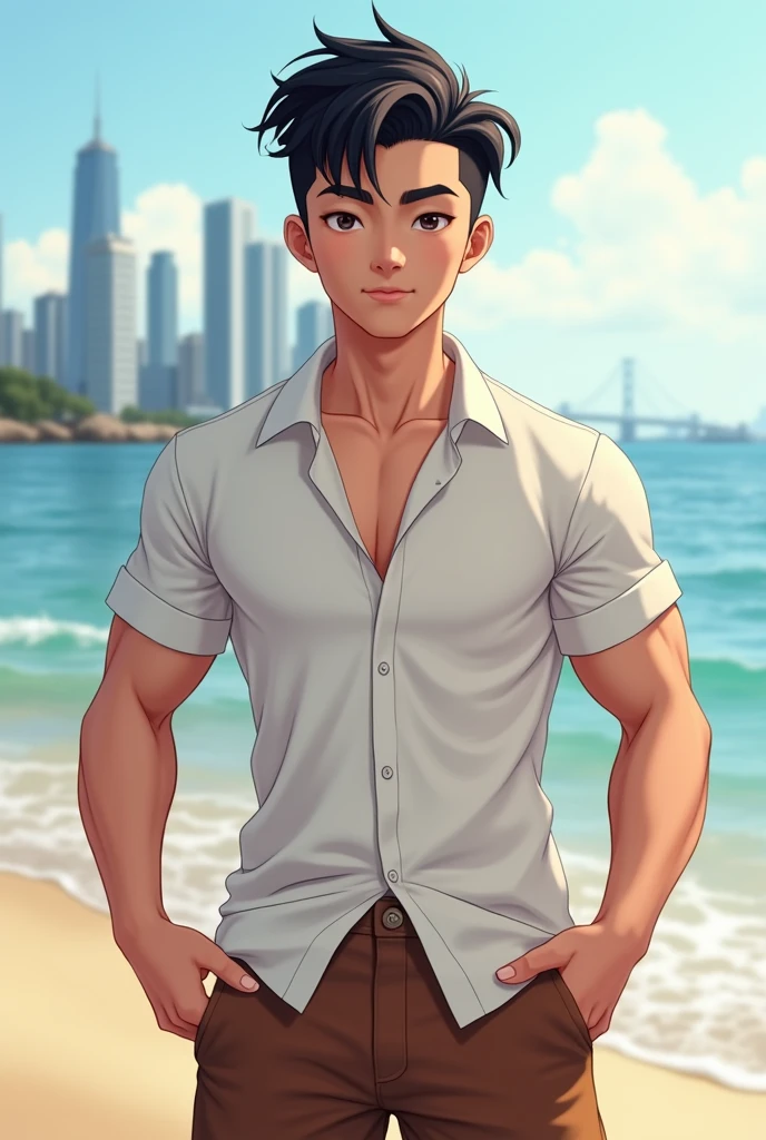 Teenager,Diamond face shape,Have muscles,Black french crop hairstyle,Thai person,Brown shorts,white shirt,Release the hem.,Standing on the beach,Real city images