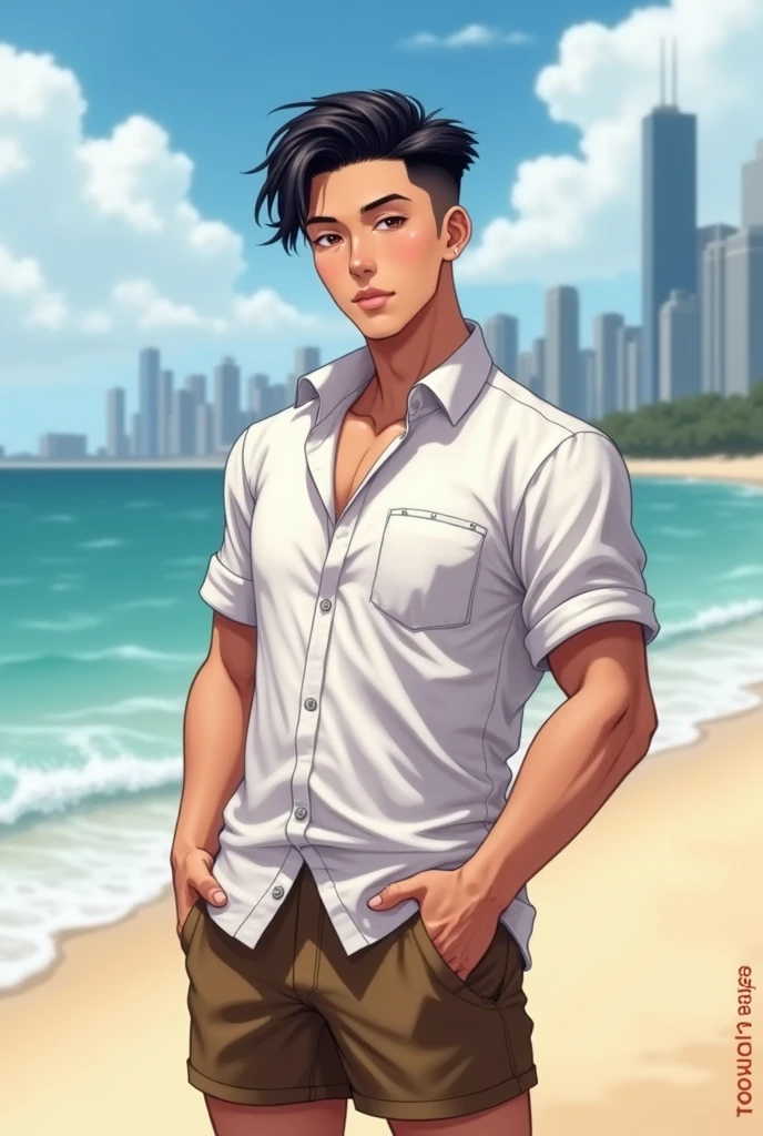 Teenager,Diamond face shape,Have muscles,Black french crop hairstyle,Thai person,Brown shorts,white shirt,Release the hem.,Standing on the beach,Real city images