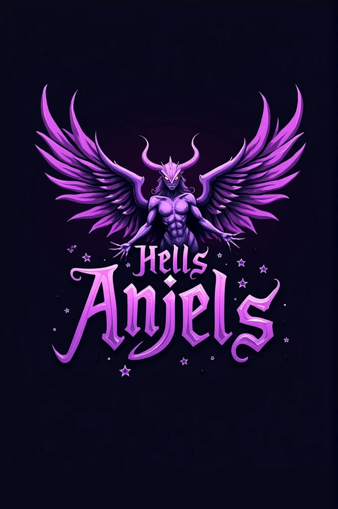 Create a purple logo with the name HELLS ANJELS and an angel mixed with a demon