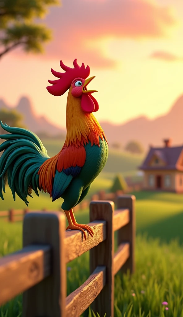 Draw a rooster with orange, green and blue plumage on a very pretty farm at dawn. The rooster must be crowing on a wooden fence, with its colorful feathers standing out in the design. The farm should be picturesque and detailed, with green fields and a sunrise sky with soft shades of orange and pink, in 3D animated style