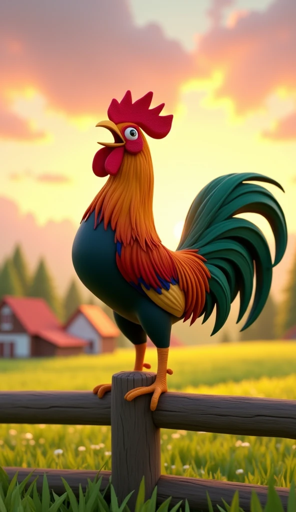 Draw a rooster with orange, green and blue plumage on a very pretty farm at dawn. The rooster must be crowing on a wooden fence, with its colorful feathers standing out in the design. The farm should be picturesque and detailed, with green fields and a sunrise sky with soft shades of orange and pink, in 3D animated style