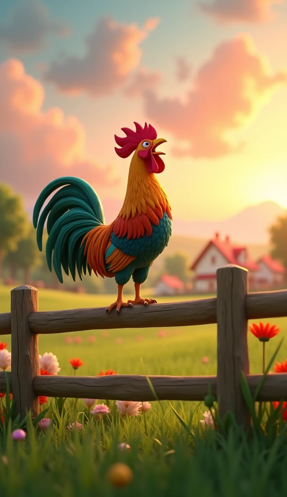Draw a rooster with orange, green and blue plumage on a very pretty farm at dawn. The rooster must be crowing on a wooden fence, with its colorful feathers standing out in the design. The farm should be picturesque and detailed, with green fields and a sunrise sky with soft shades of orange and pink, in 3D animated style