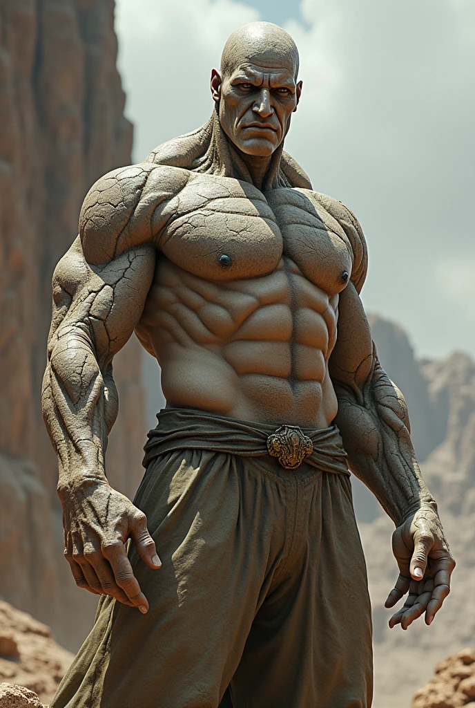 Man with cracking stone face. Human thing marvel. Very dry skin. Wear pant, shirtless.