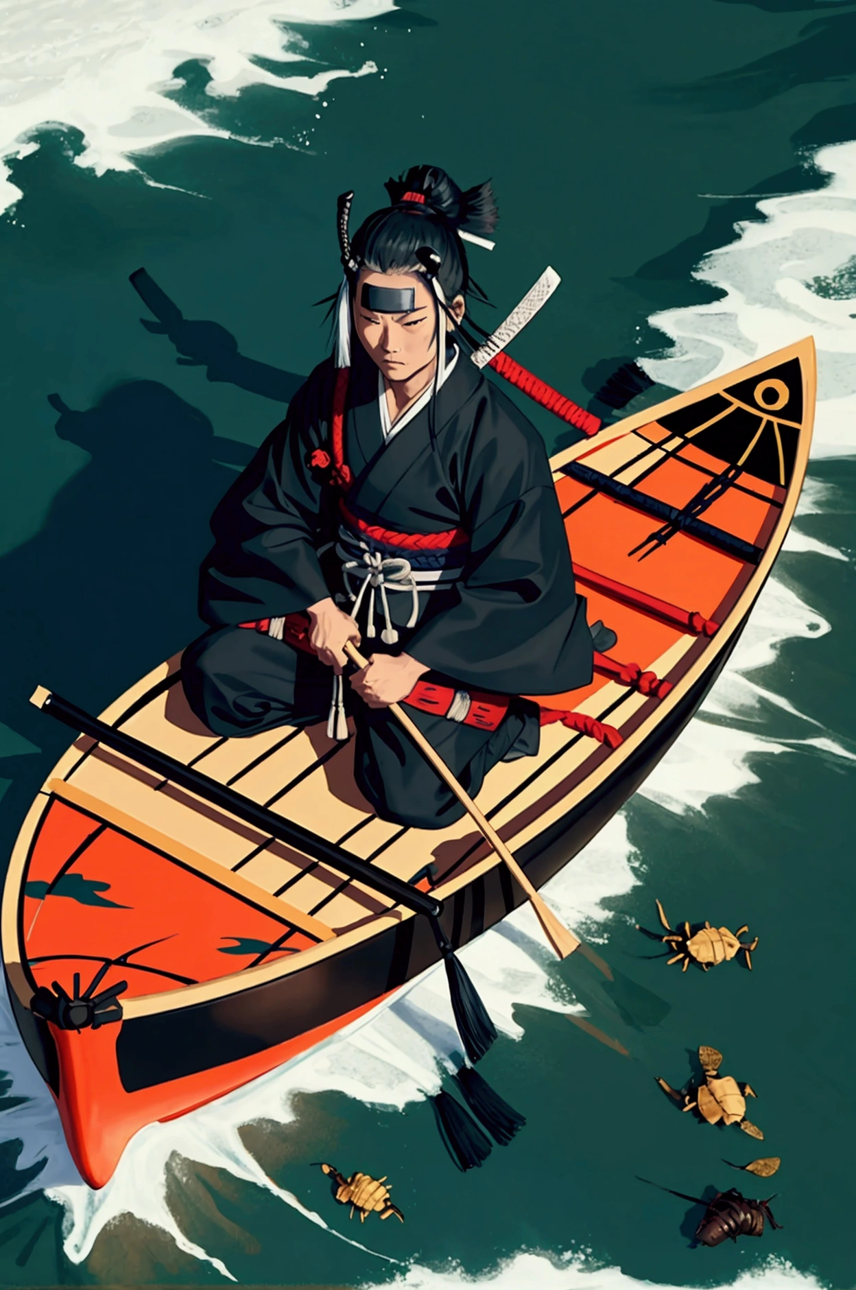 Samurai on a scorpion canoe in the ocean 
