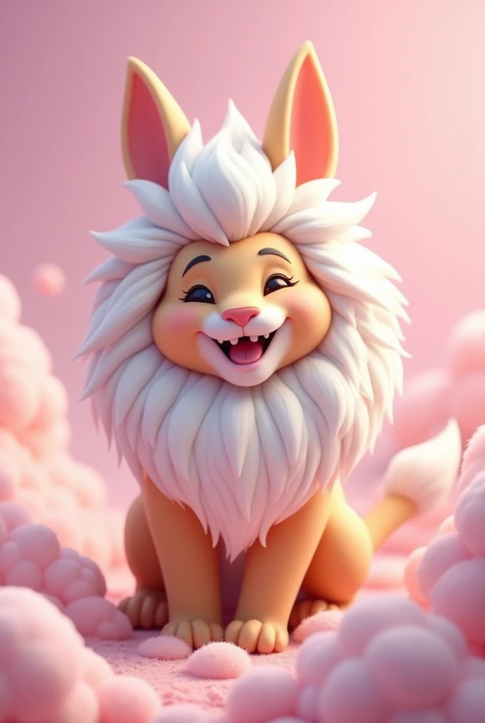 lion body, rabbit skin and face of rabbit with hair of lion color white 
smiling in a pink world
