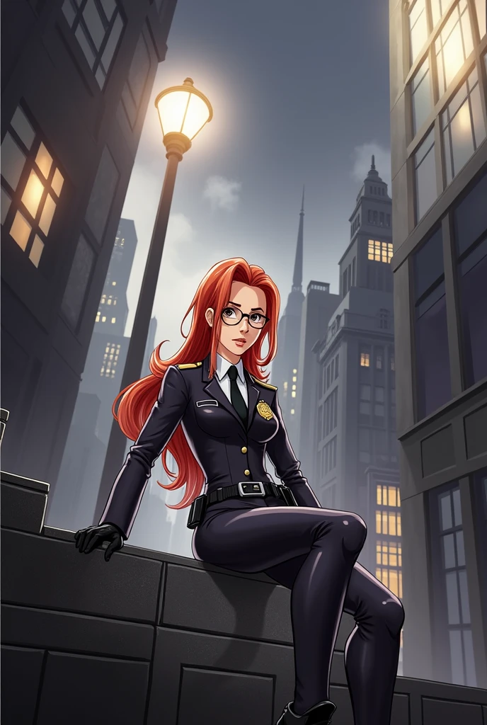 (better quality,4K,8 k,High,The main part:1.2),Very detailed,(real,Realistic,صور Realistic:1.37),Barbara Gordon, 1 girl, Beautiful red hair, wearing a police uniform,brown eye piercing, supreme beauty, Gotham City Setting, Strong and confident attitude, The specified expression,bright colors,Intense focus,Detailed painting,Professional lighting,Image style, Dramatic lighting,sad