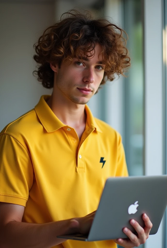 Young man with curly gradient hair wearing a yellow polo shirt with a small lightning bolt logo on his chest with his Apple notebook looking at the camera 