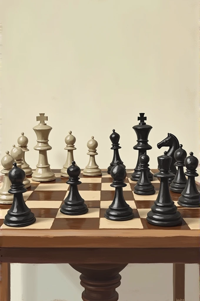 Make me a chess game on a table. painting style, glued each piece in its place with rubber