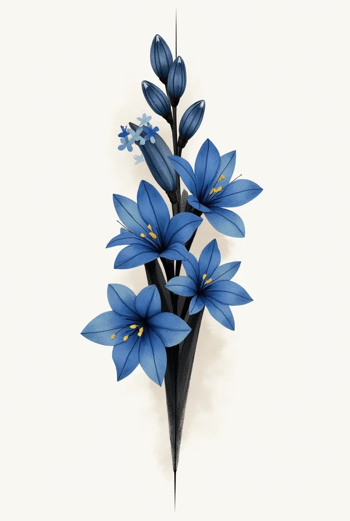 Create a minimalist tattoo design using charcoal technique of Apollo and blue hyacinth flower. Make it modern and geometric style