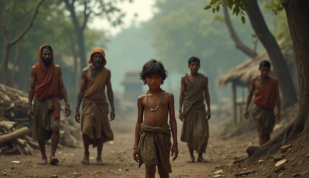 Birsa's Childhood in Poverty**
- A young Birsa, dressed in simple tribal attire, is seen helping his parents with daily chores like farming or gathering wood in the forest. The scene depicts the hardships and struggles of his early life, with the backdrop of a harsh rural landscape, symbolizing the poverty in which he grew up.