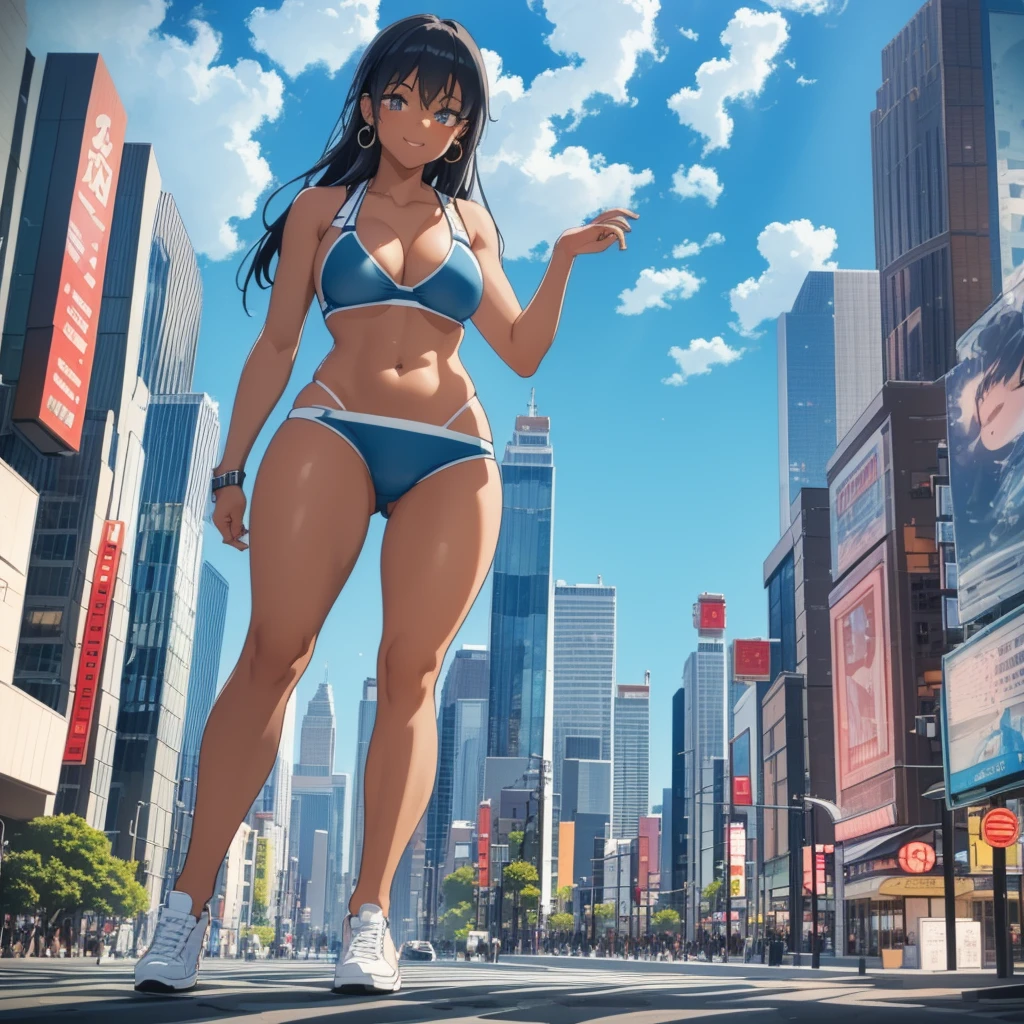 Composition seen from below Blue sky, thunderclouds, sunlight, masterpiece Anime-style delicate painting 4K 90's Huge Multiple crowds Crowd in a big city Many people ((Giant high school girl standing on the road)) ((((Bikini) Swimsuit)) ) ((Straw hat)) ((Tanned skin)) ((Dark skin)) ((Big city)), ((Tokyo Akihabara Electric Town)), Big breasts, High school girl, Transparent costume, Lots of sweat, Water splash, sneakers, watch, black hair, smile, Female Titan Titan girl full body crowd Unreal Engine, cleavage, image, earrings, cute photo, beauty, analog style, full body, sneakers, GTS, Giant Female Titan, building cleavage A girl in a skyscraper district, a big city, a GTS, a giant female giant,