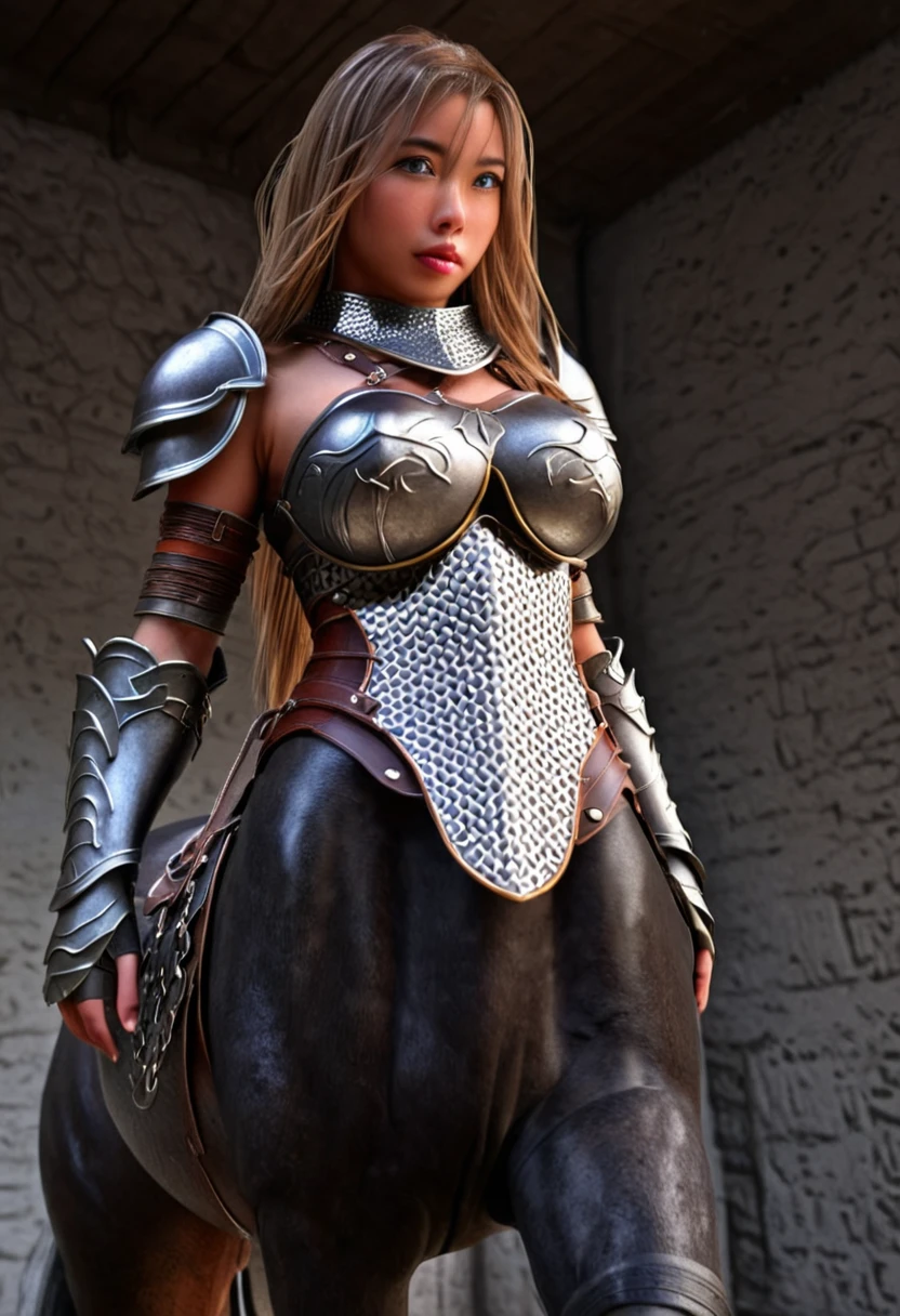 A centaur, cute yuna torso, wearing fantasy warrior sexy chain mail, lower body sleek black horse, low view looking up at her, centaur strong imperious pose, best quality, 4k, 8k, highres, masterpiece:1.2, ultra-detailed, realistic, photorealistic, photo-realistic:1.37, HDR, UHD, studio lighting, ultra-fine painting, sharp focus, physically-based rendering, extreme detail description, professional, vivid colors, bokeh, fantasy, concept art, dramatic lighting, dramatic pose, intricate details, detailed armor, detailed facial features, beautiful detailed eyes, beautiful detailed lips, extremely detailed eyes and face, long eyelashes, chiaroscuro, cinematic lighting, dramatic shadows, warm color tones