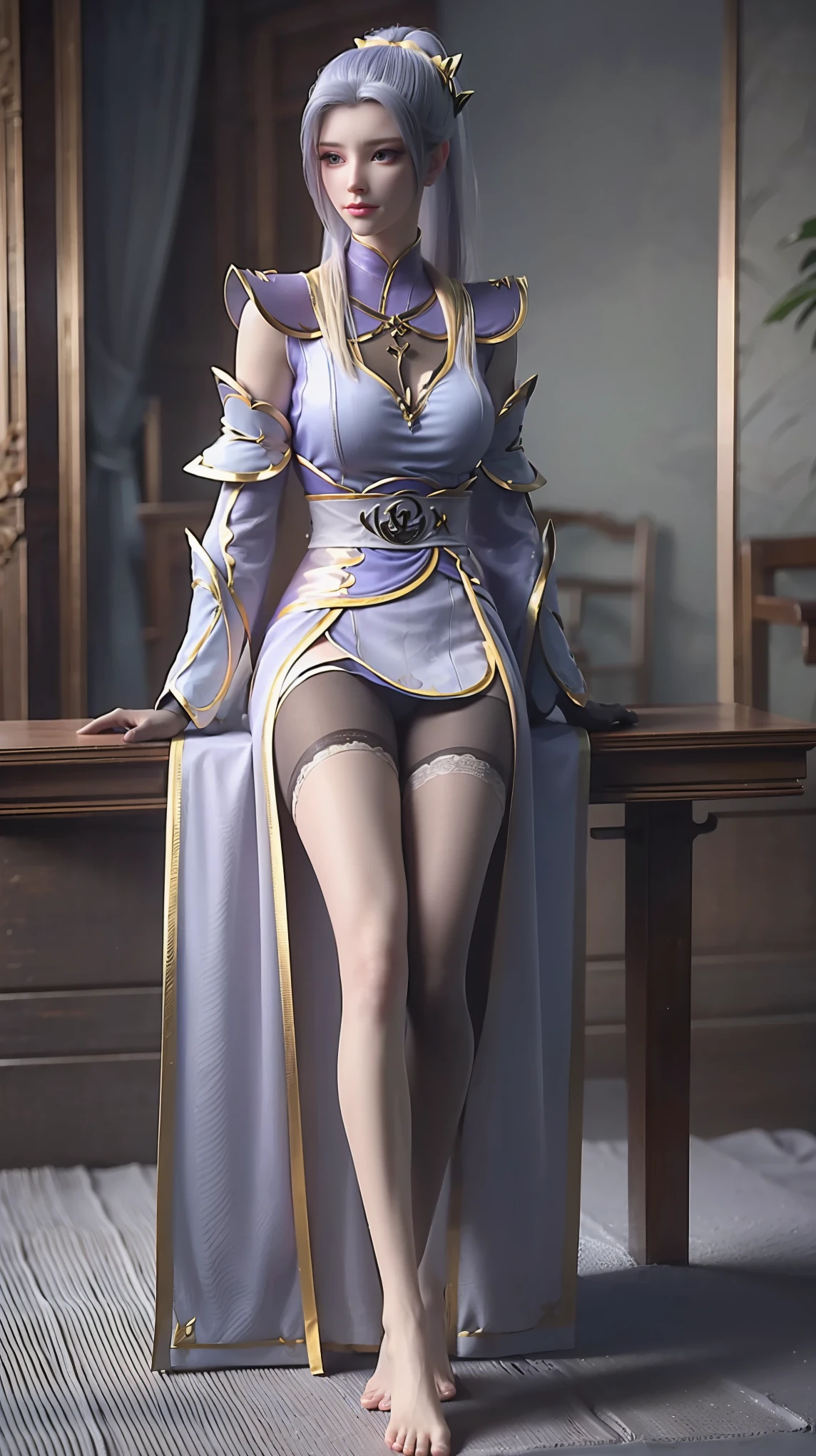 a beautiful young woman with long hair, wearing a nightgown, sitting on a bed, barefoot, in a dress, lying on her side, cross-legged, full body shot, (best quality,4K,8k,highres,masterpiece:1.2),ultra-detailed,(realistic,photorealistic,photo-realistic:1.37),beautiful detailed eyes,beautiful detailed lips,extremely detailed eyes and face,longeyelashes,natural lighting,warm tones,soft focus,portraits,clair obscur,depth of field,Black silk stockings