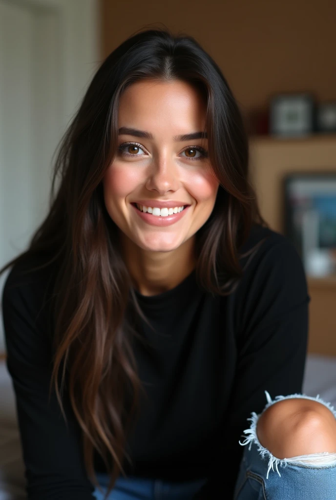 (photorealism:1.2),(alta calidad)Oval face with high, well-defined cheekbones.Hair: Long, straight, dark brown with a healthy shine, Large, dark brown eyes with an intense and elegant look, Fair complexion with a soft tan tone, Full, well-defined lips, usually made up with natural tones.Style: Black sweater, trendy blue ripped jeans.Expression: Confident and serene, with a warm but reserved smile, sitting in her room.(4k),(alta resolución).