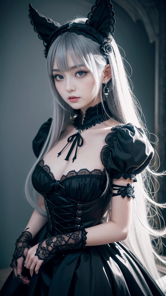 Prompt: Create an ultra-realistic 8K resolution image of Tsukuyomi, the Japanese moon god from Shinto mythology, reimagined as the ultimate Gothic ta (GothLoli) character while retaining the deity's iconic features. Tsukuyomi is depicted with a hauntingly beautiful and ethereal appearance, with long, flowing silver hair styled in elegant curls that cascade down her back, accented by delicate lace and dark, ornate hair accessories that evoke the night sky.
Her outfit is a masterpiece of Gothic Lolita fon, featuring a richly detailed black and deep blue Victorian-inspired dress with intricate lace, ruffles, and moon-shaped embroidery. The dress is layered with tulle and adorned with silver chains and gothic crosses, creating a dark yet sophisticated look. She wears knee-high lace-up boots with silver accents, and her hands are covered in lace gloves that add to her mysterious and elegant aura.
Tsukuyomi's eyes are a piercing silver, glowing with an enigmatic light that reflects her divine nature, while her expression is calm and slightly melancholic, hinting at the moon's distant beauty. A small, ornate crescent moon headpiece sits atop her head, adding to the celestial theme.
The background is a dark, moonlit garden filled with gothic architecture, such as wrought iron gates and marble statues, all bathed in a soft, eerie light that enhances the otherworldly atmosphere. The setting perfectly complements Tsukuyomi's GothLoli transformation, blending the deity's celestial origins with the intricate beauty of Gothic Lolita fashicreating a captivating and unique character.
