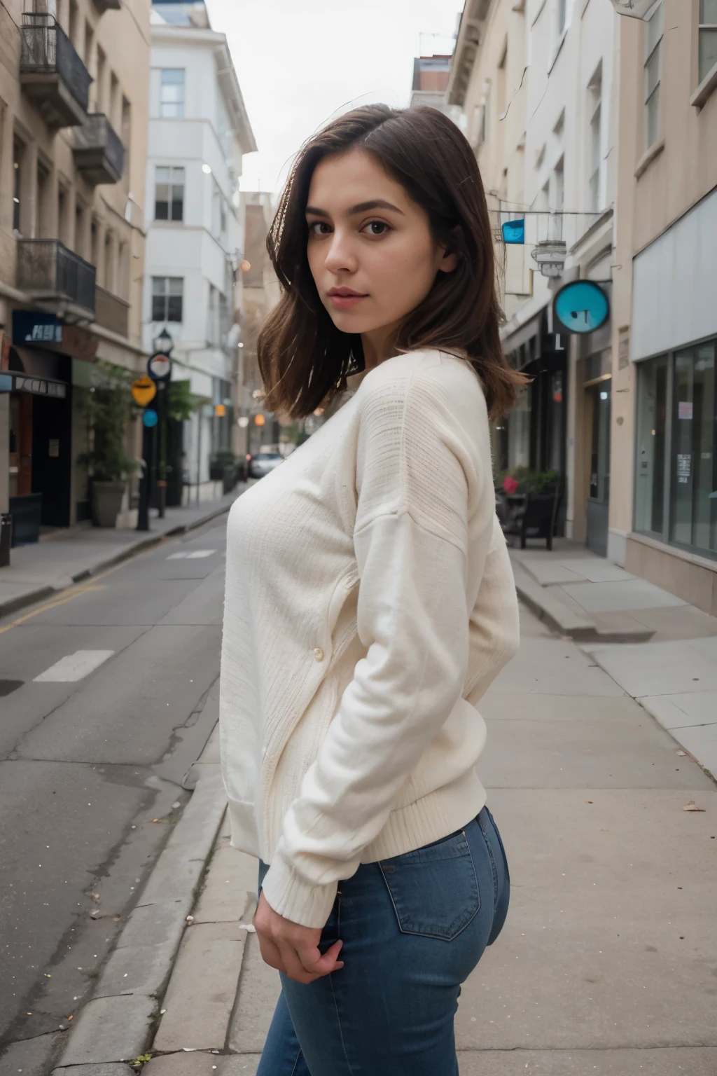 ((best quality)), ((masterpiece)), (detailed) latina woman in a White sweater and jeans standing on a sidewalk, White sweater, wearing a White sweater, wearing sweater, wearing a casual sweater, wearing a sweater, wearing a sweater de gran tamaño, close angle, Bottom angle, standing on a city street, casual clothes, complete cinematographic shot, casual clothes, detailed white, sandy beige, standing in the center of the city