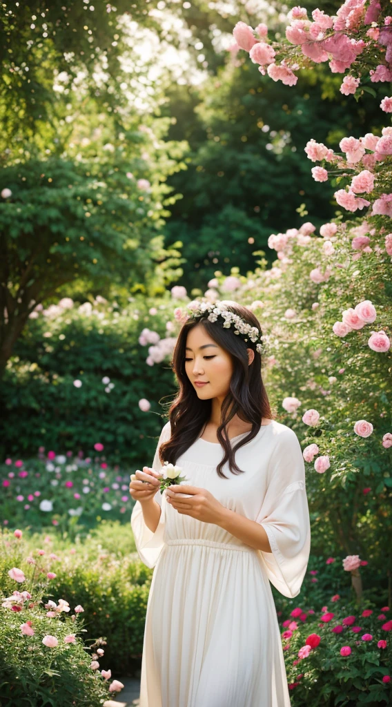 /I a serene and carefree photo of a leisurely, Asian beauty enjoying her time while strolling through arose garden,Longshot(Ls),Hair care hair, hair smooth,surrounded by blooming rosespastel and natural colors, hues of roses and thegarden, soft, natural lighting with a mix of unrays and dappled shade, etherealtmosphere, medium shot with a slight depth ofeld will emphasize the lady and the roses. 50mm lens, lifestyle photography, fine art, andethereal design style, by Annie Leibovitz, TimWaller, --ar 3:5 --stylize 250 --v 6.1