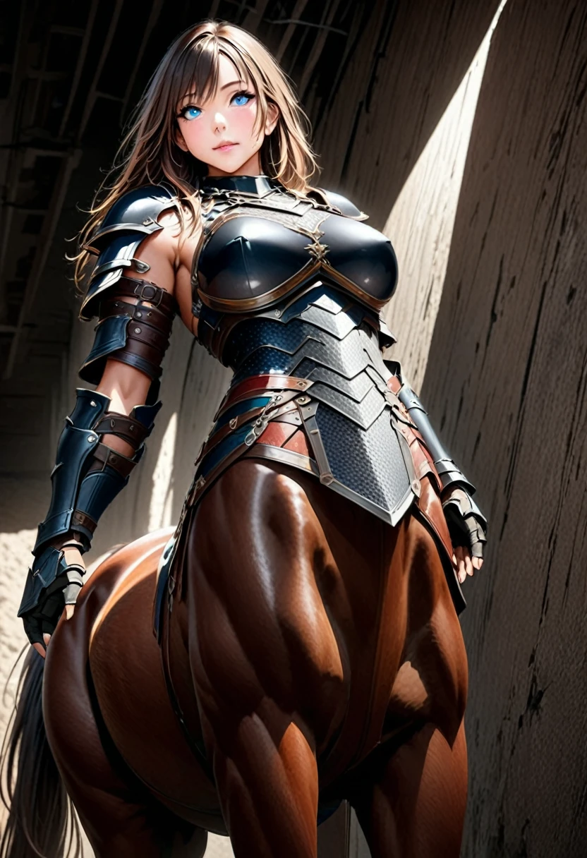 A centaur, cute yuna torso, wearing fantasy warrior sexy chain mail, lower body sleek black horse, low view looking up at her, centaur strong imperious pose, best quality, 4k, 8k, highres, masterpiece:1.2, ultra-detailed, realistic, photorealistic, photo-realistic:1.37, HDR, UHD, studio lighting, ultra-fine painting, sharp focus, physically-based rendering, extreme detail description, professional, vivid colors, bokeh, fantasy, concept art, dramatic lighting, dramatic pose, intricate details, detailed armor, detailed facial features, beautiful detailed eyes, beautiful detailed lips, extremely detailed eyes and face, long eyelashes, chiaroscuro, cinematic lighting, dramatic shadows, warm color tones