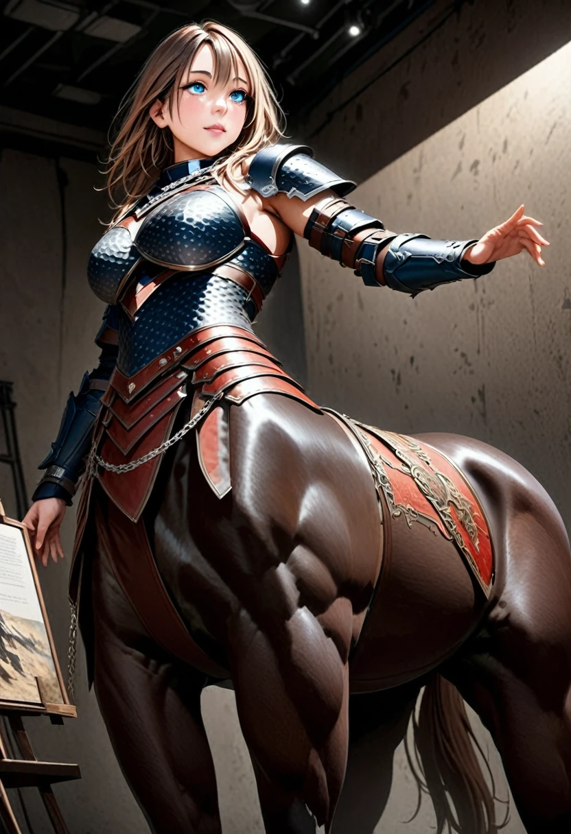A centaur, cute yuna torso, wearing fantasy warrior ???? chain mail, lower body sleek black horse, low view looking up at her, centaur strong imperious pose, best quality, 4k, 8k, highres, masterpiece:1.2, ultra-detailed, realistic, photorealistic, photo-realistic:1.37, HDR, UHD, studio lighting, ultra-fine painting, sharp focus, physically-based rendering, extreme detail description, professional, vivid colors, bokeh, fantasy, concept art, dramatic lighting, dramatic pose, intricate details, detailed armor, detailed facial features, beautiful detailed eyes, beautiful detailed lips, extremely detailed eyes and face, long eyelashes, chiaroscuro, cinematic lighting, dramatic shadows, warm color tones
