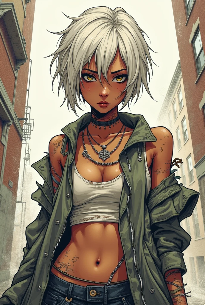 make a young woman with short white hair and brown skin with several bandages on her body, deep eyes, with a belly button piercing and covered in rags, giving the impression of trying to create a celestial image but without anything celestial, only urban details. Made with thick but simple anime lines, gothic and kind of grunge, with unfinished strokes and some lines, as if it were a sketch. The angle of the drawing should be from bottom to top