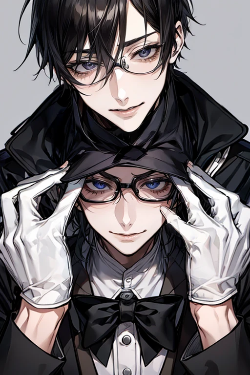 (Mastepiece)、(Best Quality)、Very detailed、((One man:1.5))、Perfect Face、Beautiful Face、Very detailedな顔、(Black Hair:1.3)、Black butler uniform、Glasses、(White gloves:1.3)、Smiling face