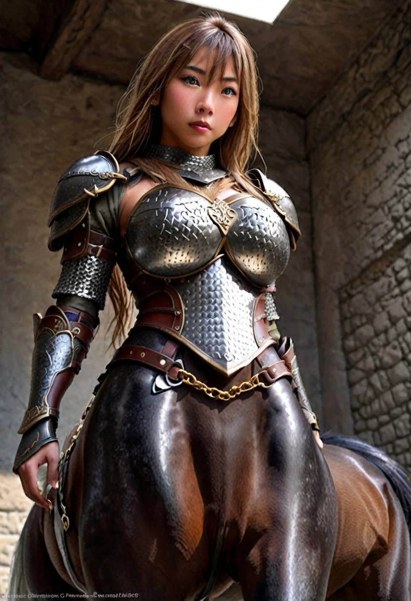 A centaur, cute yuna torso, wearing fantasy warrior sexy chain mail, lower body sleek black horse, low view looking up at her, centaur strong imperious pose, best quality, 4k, 8k, highres, masterpiece:1.2, ultra-detailed, realistic, photorealistic, photo-realistic:1.37, HDR, UHD, studio lighting, ultra-fine painting, sharp focus, physically-based rendering, extreme detail description, professional, vivid colors, bokeh, fantasy, concept art, dramatic lighting, dramatic pose, intricate details, detailed armor, detailed facial features, beautiful detailed eyes, beautiful detailed lips, extremely detailed eyes and face, long eyelashes, chiaroscuro, cinematic lighting, dramatic shadows, warm color tones
