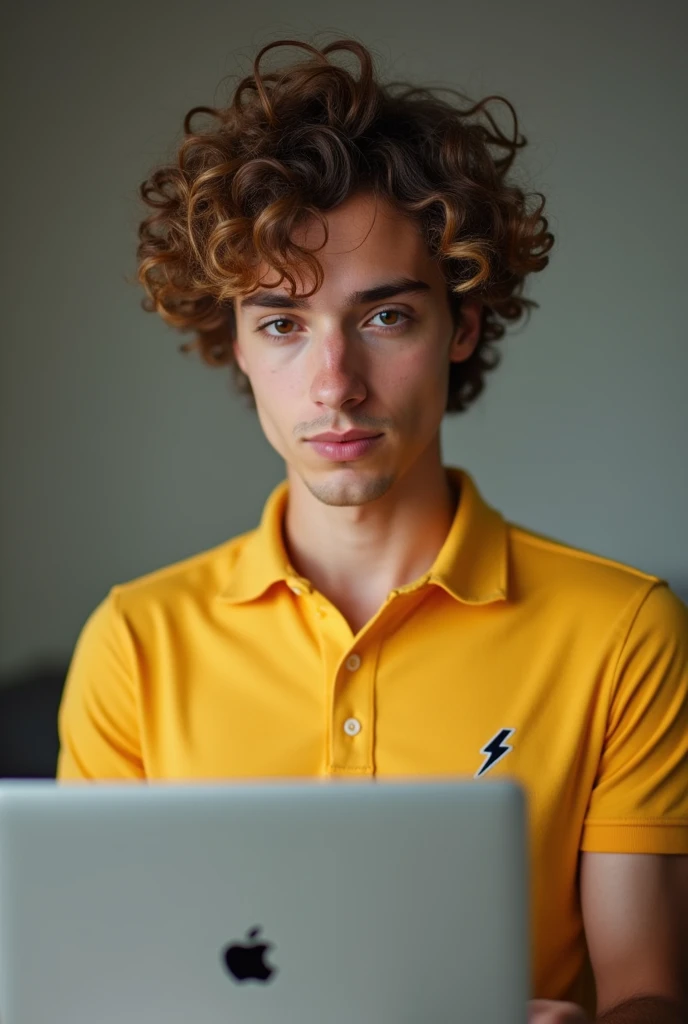 Young man with curly gradient hair wearing a yellow polo shirt with a small lightning bolt logo on his chest with his Apple notebook looking at the camera