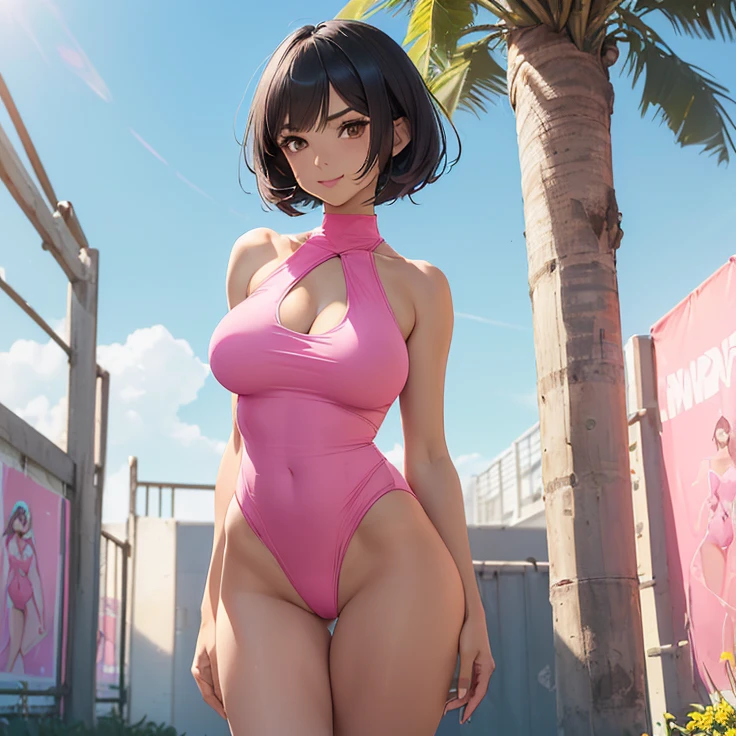 (Masterpiece), (High Resolution), (Best Quality), (Anatomically Correct), (High Details), (HD), (High Quality), (character solo, alone), (fantasy), (anime style)
{{(1character:50 years old black haired milf wearing a highleg pink one-piece swimsuit:(medium shoulder length black hair bob cut, pale skin,brown eyes, sharp nose, black thick eyebrows, very thin lips, nice feminine body, beautiful body, beautiful hips, big breasts, beautiful legs, beautiful arms, delicated features, big rounded butt, beauty, feminity, sweet demeanor, motherly personality),((she wars a: full pink pink highleg onepiece-pink-swimsuit, and black heeled shoes)),((sweet expression and sweet smile),(sexy modeling pose),(standing patient and calm)),((stadium backyard), (sunny day),(light-blue sky),(simple background),(yellow backyard's walls),(spring season),(very few people there)}}