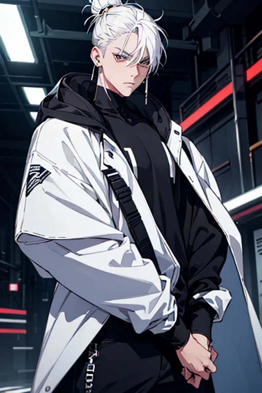 Anime man gradient young white hair short shaved sides flip hair bun to left side in middle serious face with black earrings black sweatshirt speed jeans futuristic clothes black dark circles big black hair big brown hair extremely futuristic clothes futuristic clothes skinny sweatshirt black jeans male cloak that covers the shoulders