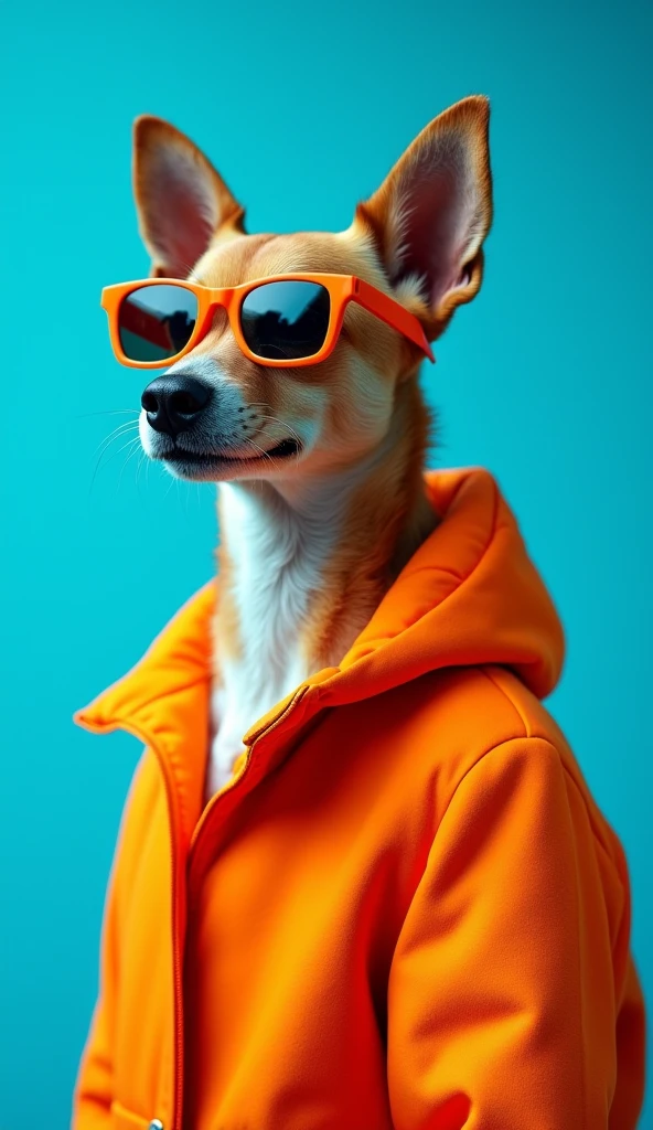 best mobile wallpapers, Award-winning wallpapers, Portrait Photography, On the front、Here's a portrait of a cute dog dressed in mid-1960s space age fashion, The whole body seen from the front is shown、Side view, Photographed with Canon EOS R5, Set strong contrast to highlight the subject, Fluorescent Blue Tone, Wearing a very modern coat and sunglasses、Modern 1960s style, All the clothes are the same color, Beautiful background