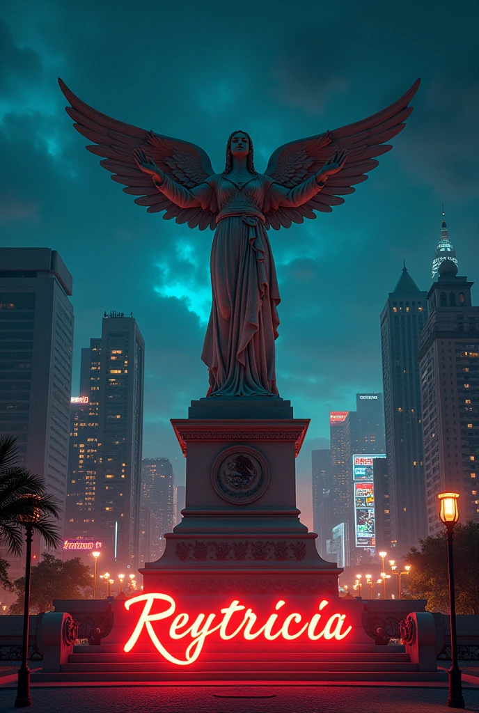Create a landscape of a city at night with a statue of the angel of independence with some letters that say reytricia with the colors of the Mexican flag