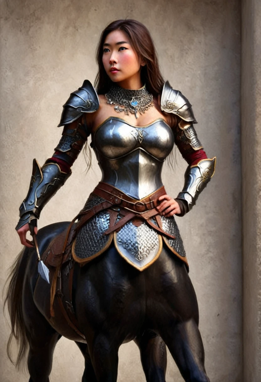 A centaur, cute yuna torso, wearing fantasy warrior sexy chain mail, lower body sleek black horse, low view looking up at her, centaur strong imperious pose, best quality, 4k, 8k, highres, masterpiece:1.2, ultra-detailed, realistic, photorealistic, photo-realistic:1.37, HDR, UHD, studio lighting, ultra-fine painting, sharp focus, physically-based rendering, extreme detail description, professional, vivid colors, bokeh, fantasy, concept art, dramatic lighting, dramatic pose, intricate details, detailed armor, detailed facial features, beautiful detailed eyes, beautiful detailed lips, extremely detailed eyes and face, long eyelashes, chiaroscuro, cinematic lighting, dramatic shadows, warm color tones
