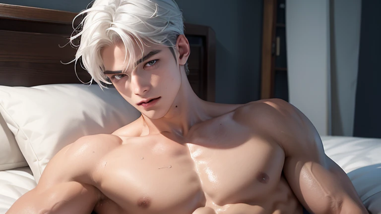 A young boy with white hair，fair skin，handsome，The triangle briefs are wet, so I took half of them off.，裸上半身Soaked in milk，Showing six-pack abs and chest muscles with water droplets on them，Soaked in milk，纖細長腿Soaked in milk，There is a big protrusion from below and milk is spurting out，Soaked in milk，Tilting their head back, they wore an expression of comfort.，Lying in bed，Milk flows from the corners of the mouth，Sticking out tongue，Drinking milk，Very shy expression，Milk flows from the corner of the mouth，全身沾滿牛奶Lying in bed，soak in milk，There&#39;s milk on your face too，Milk flows from the corners of the mouth，身上Soaked in milk，Complete character，To the light，The light shines on the abdominal muscles，milk everywhere，Hand touching crotch，Lying on a bed stained with milk