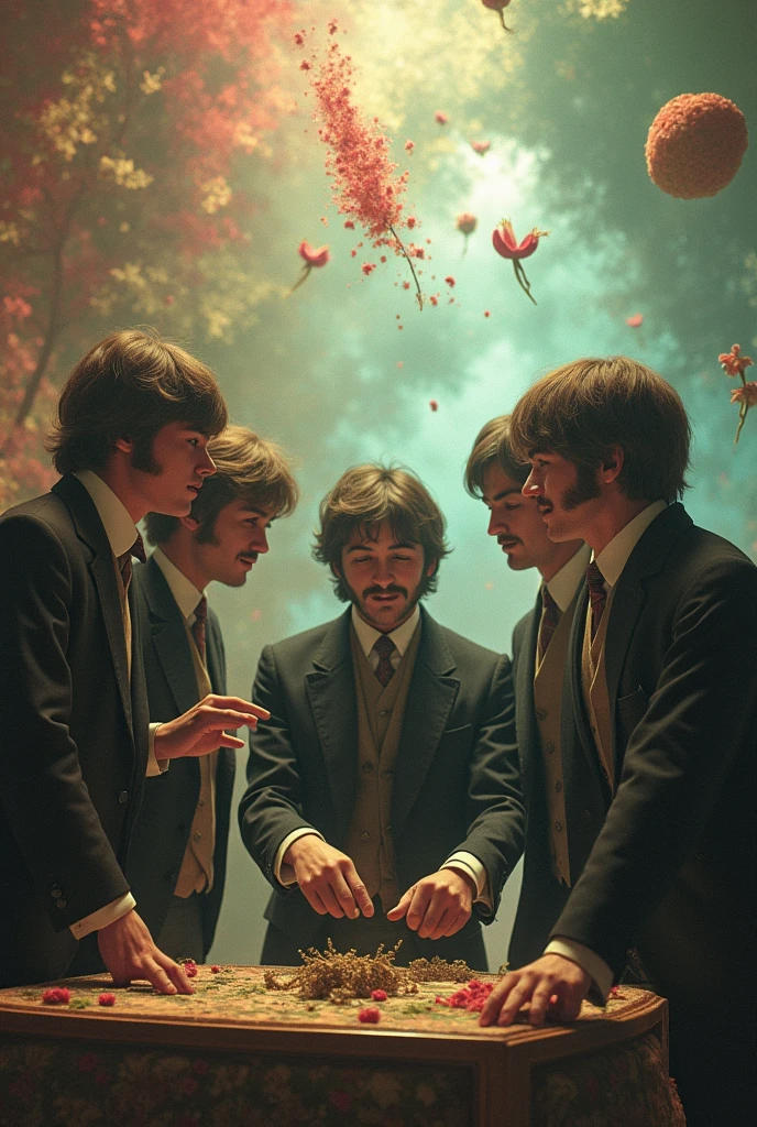 Create an image of the beatles smoking weed with Oscar Wilde