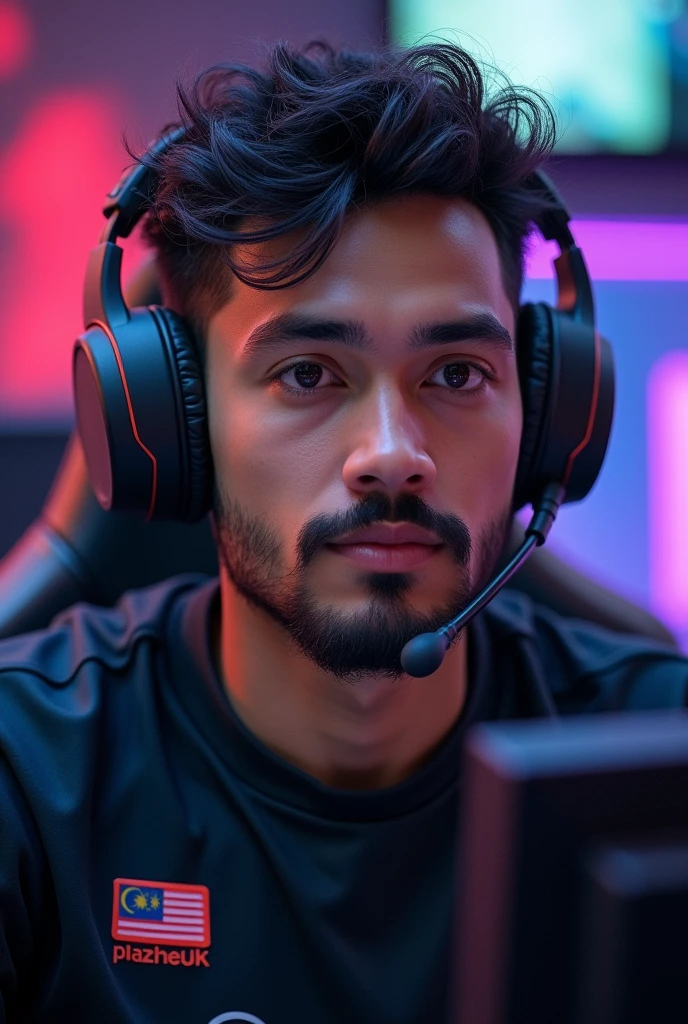 A malay man with a thin moustache and wide beard and thin short curly hair, esport player
