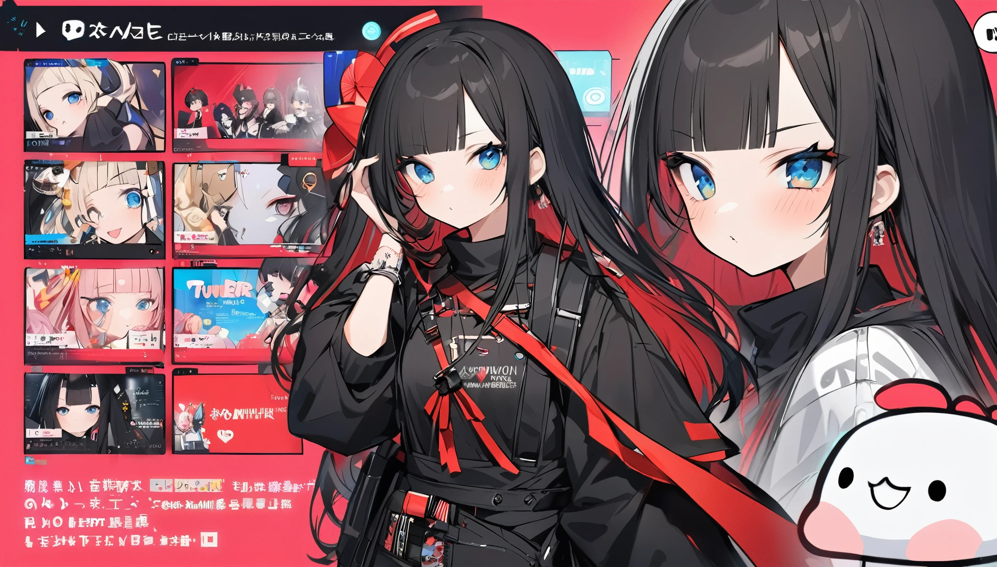 手を振る、悲しい、アヘガオ、I play at music habs、iDOL、Japanese sword、rifle、gun、Virtual Character Design,Black Hair、blunt bangs、Straight Hair, face, Modern design, 1 female,Sexy concept,
A Vtuber livestream scene featuring a Japanese Vtuber with long black hair and blue eyes, wearing a black outfit with some red accents and multiple accessories. The Vtuber has a serious yet slightly playful expression and is adjusting her hair with both hands. The screen shows the Vtuber on the right side, with a lively chat box on the left side, where messages in English and Japanese are visible. The top left corner has the Vtuber’s Twitter handle and hashtag, while the top right displays the current time as 21:53. The overall style is modern and clean, capturing the essence of a real-time Vtuber interaction with a large audience.