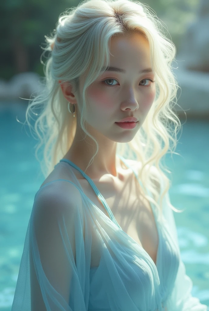 Create an image of an Asian woman with light blonde hair and dressed in light blue