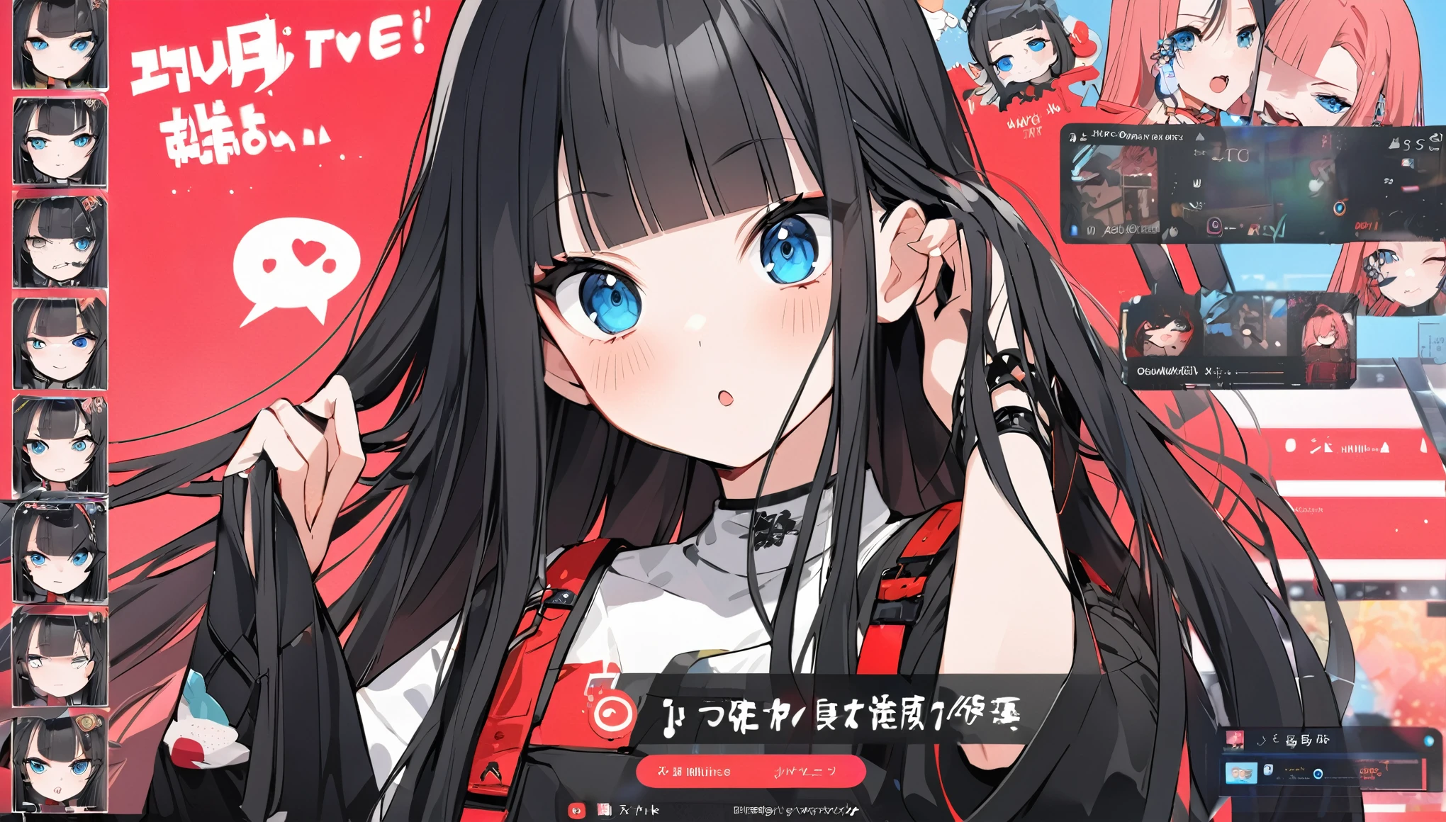 A pose of deep affection with both hands on the chest、sad、Ahegao、I play at music habs、idol、Japanese sword、rifle、gun、Virtual Character Design,Black Hair、blunt bangs、Straight Hair, face, Modern design, 1 female,Sexy concept, 
A Vtuber livestream scene featuring a Japanese Vtuber with long black hair and blue eyes, wearing a black outfit with some red accents and multiple accessories. The Vtuber has a serious yet slightly playful expression and is adjusting her hair with both hands. The screen shows the Vtuber on the right side, with a lively chat box on the left side, where messages in English and Japanese are visible. The top left corner has the Vtuber’s Twitter handle and hashtag, while the top right displays the current time as 21:53. The overall style is modern and clean, capturing the essence of a real-time Vtuber interaction with a large audience.