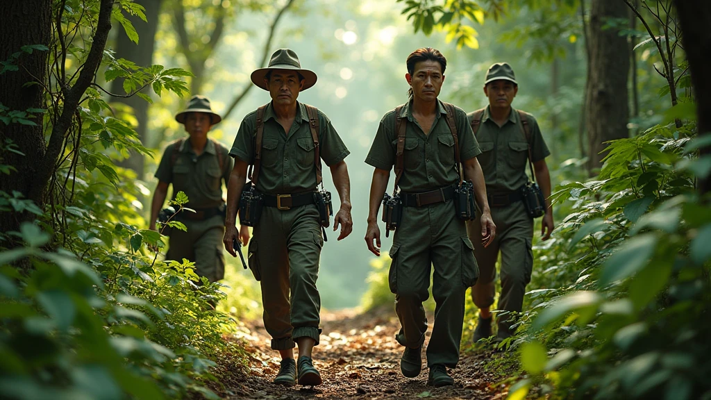 Four Thai hunters 40 year-old wearing old clothes walking in the forest in the noon and on their hand is holding guns looking from above 8k -imagine -