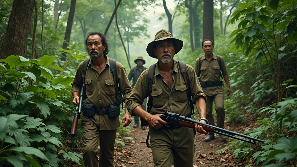Four Thai hunters 40 year-old wearing old clothes walking in the forest in the noon and on their hand is holding guns looking from above 8k -imagine -