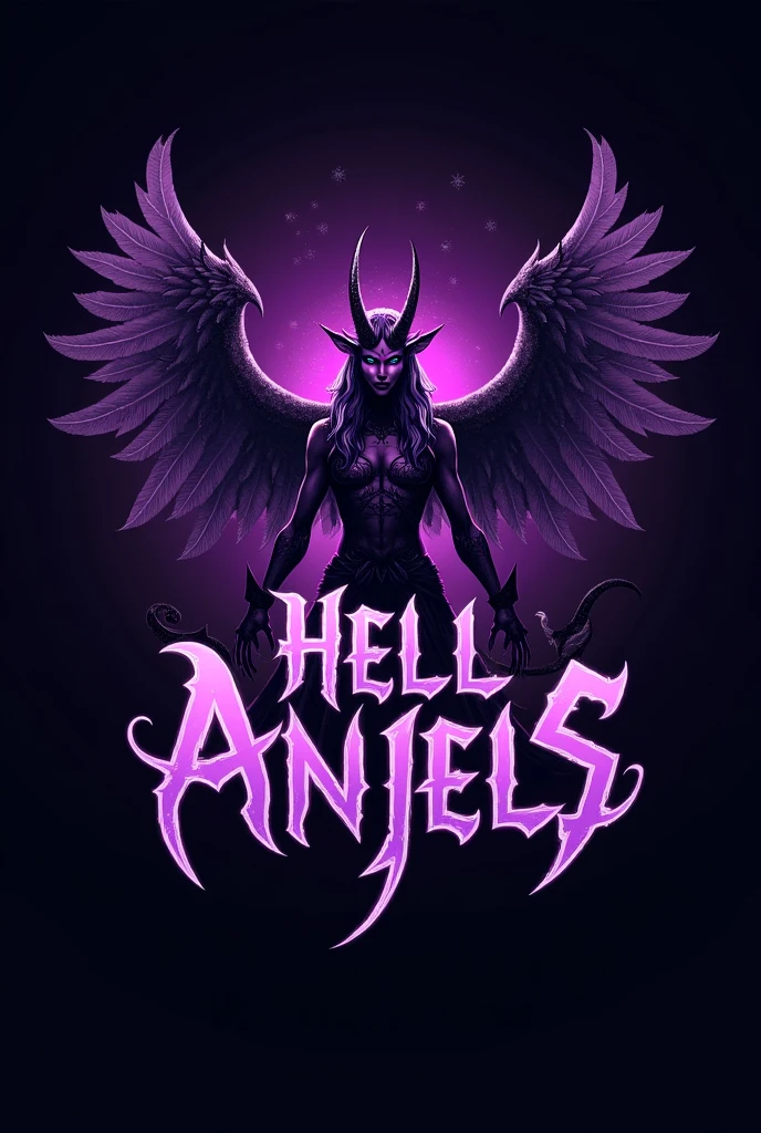 Create a purple logo with the name HELLS ANJELS and an angel mixed with a demon