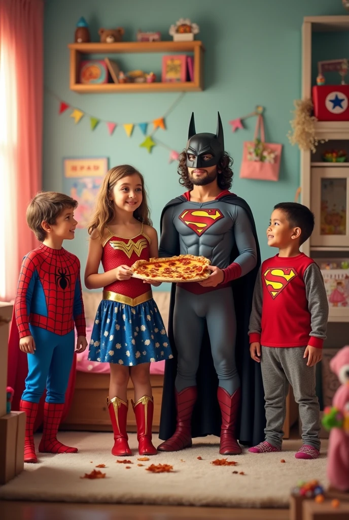 A boy dressed as Spiderman,
A girl dressed as Wonder Woman,
A fat kid dressed as Batman eating pizza,
A boy dressed as Superman and a boy as Jesus Christ in the middle of everyone as the best superhero and next to Jesus Christ a girl in pajamas, in the background a room decorated for a girl