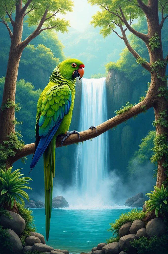 Green parrot and waterfall mural