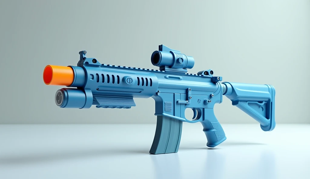 Mini double water gun toy,Integrated rifle mount,Q version,Simple surface pattern,Transparent magazine and scope recessed,(Similar structure to M416),(Double muzzle:1.3),Smooth lines,Plastic material,Three-color Morandi color matching,high quality,Professional Product Photography,Table background,3d, OC Rendering,8K,