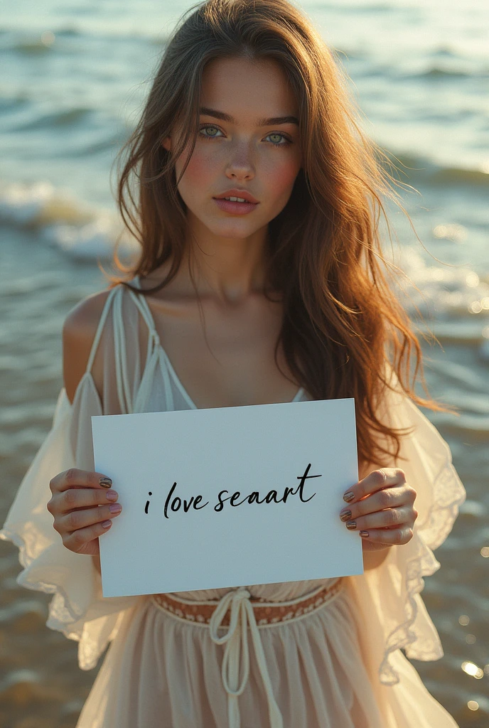 Beautiful girl with wavy long hair, bohemian dress, holding a white board with text "I Love Seaart Infinity" and showing it to the viewer