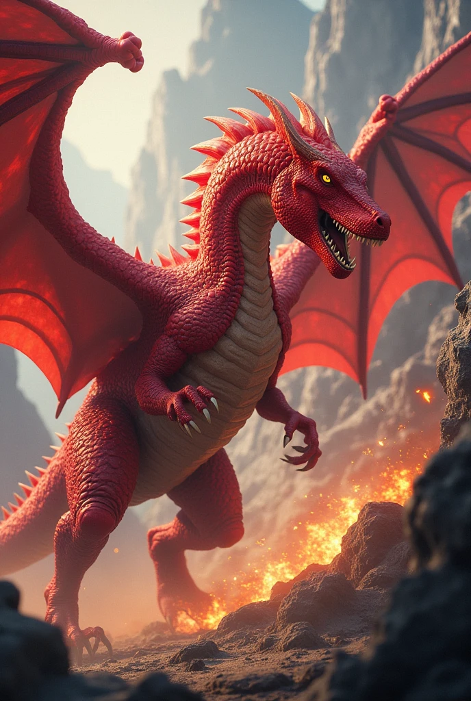 An incredible red dinasour and red incredible dragon fight scene