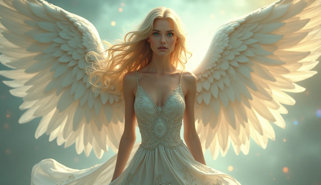 high quality, highly detailed, Imagine a dreamlike scene with a beautifull female angel, she have Golden blonde curve hair and white longe wings. Longe silver dress and she have powerfull aura, she have Green eyes and gently aspect, Celestia. Full body portrait 