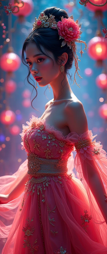 (masterpiece, top quality, Best Quality, official art, beautiful and aesthetic:1.2), (1 girl:1.3), extremely detailed,(fractal art:1.2),showy,more detailed,( neon zentangle:1.2), (dynamic pose), (Abstract neon background:1.5), (traditional dress:1.2), (shiny skin), (many colors:1.4), Upper part of the body ,neon,16k,full hd