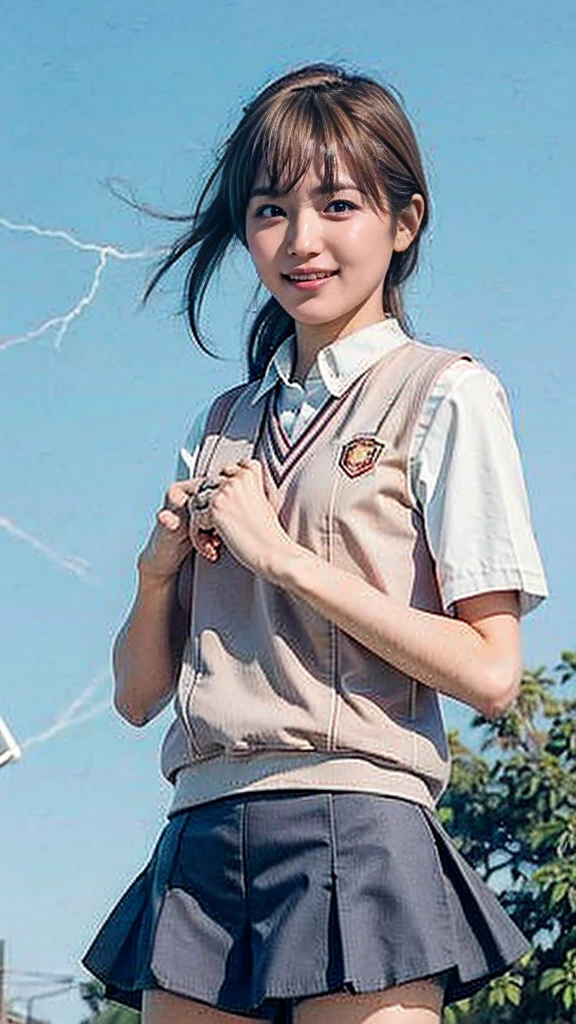 masterpiece, Highest quality, High resolution,8k, 1 hair clip, Tokiwadai School Uniform、Tokiwadai school emblem on the left chest、Short sleeve、 Photorealistic,Several wind turbines can be seen nearby.、blue sky、smile、Lightning erupts from the body、Releases electricity from the body、Light grey mini skirt